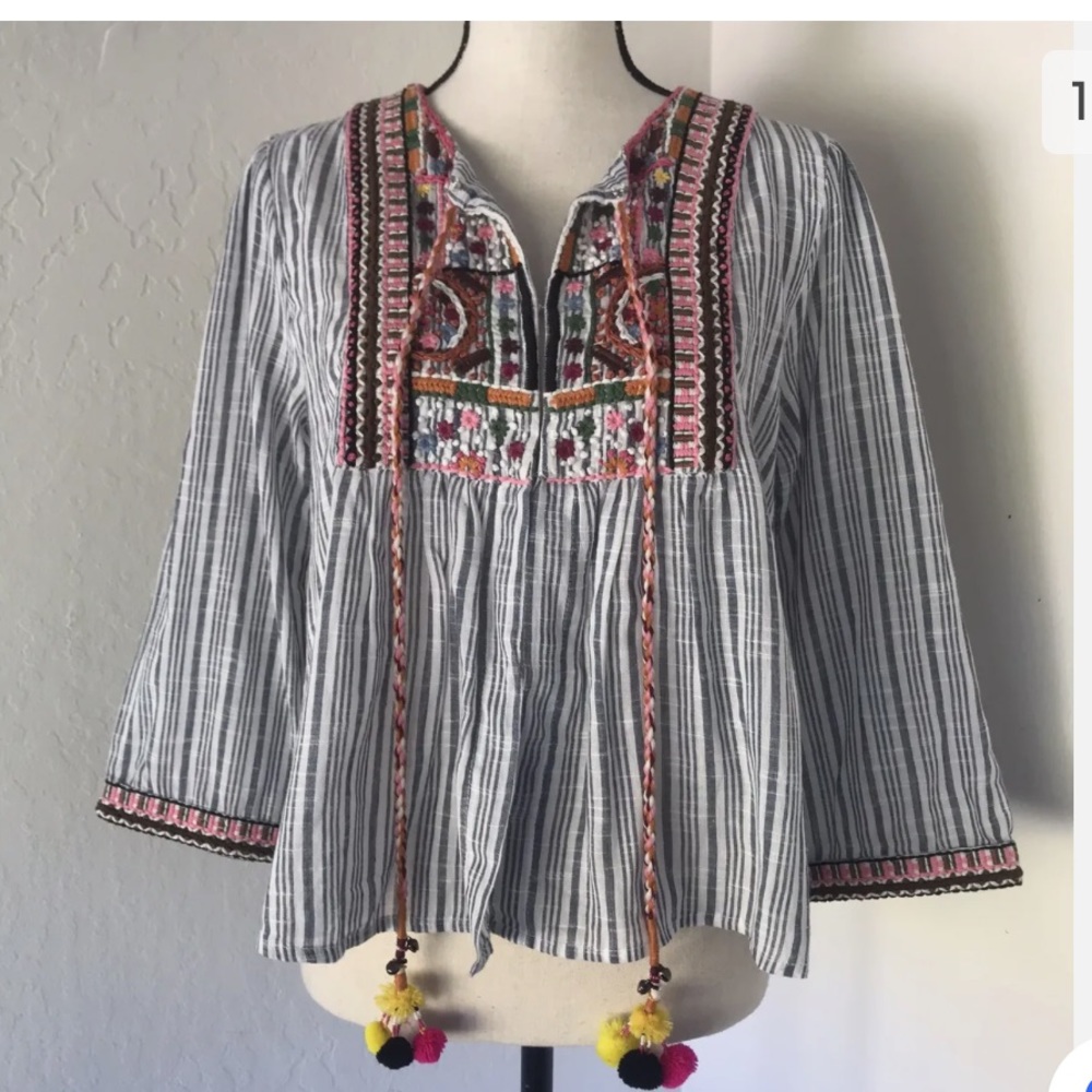 velvet by graham spencer blue white stripe embroidered boho blouse top small